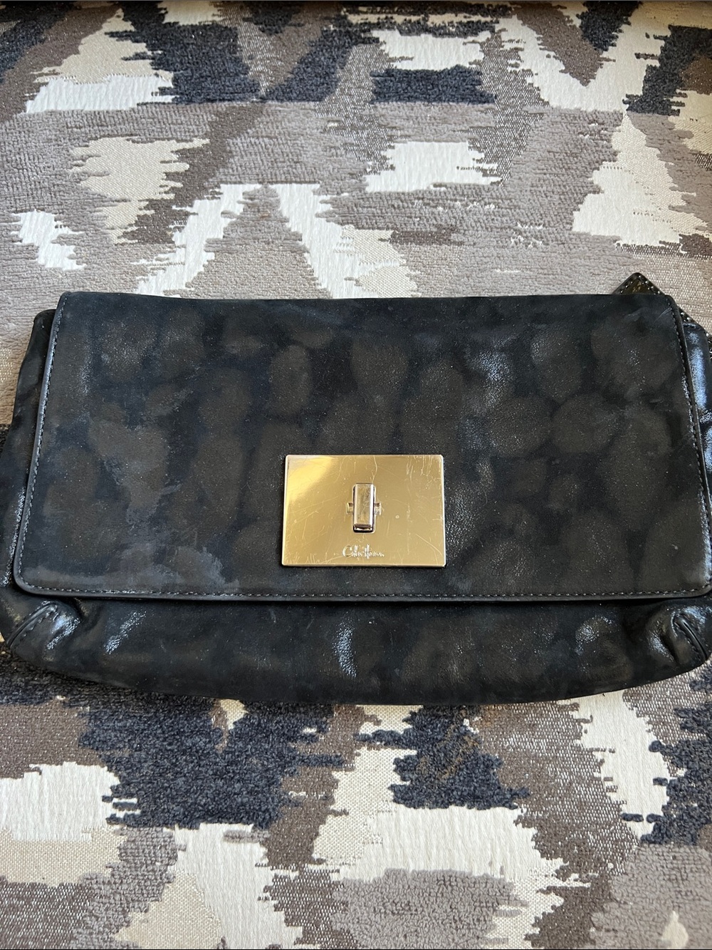 Cole Haan Black Satin Leather Clutch with Gold Plate